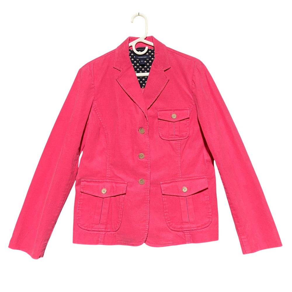 Lands End Women's 12‎ Pink Corduroy Blazer Jacket Utility Pockets Button Front